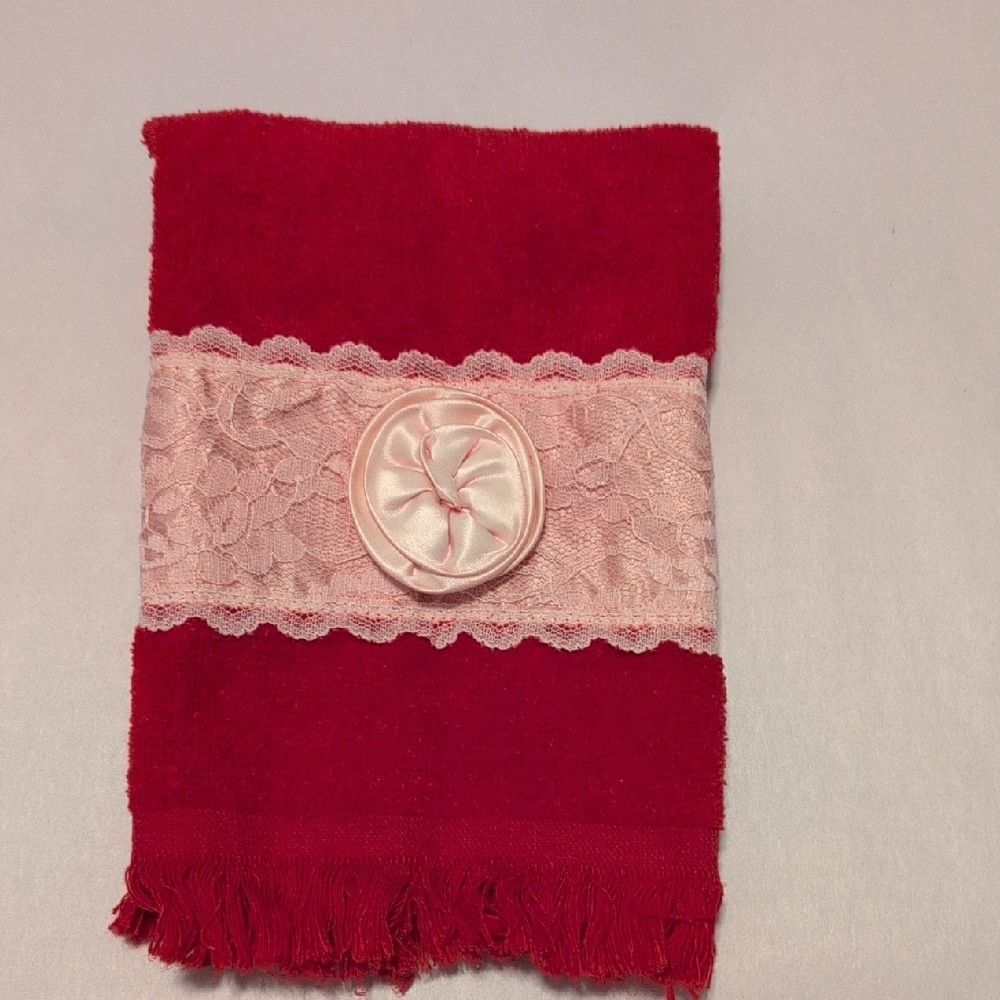 Vintage Cannon Red Cotton Hand Towel with Pink Lace Trim And Satin Rossette